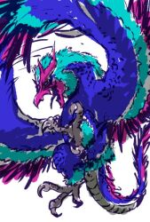 Rule 34 | artist request, bird, creature, digimon, digimon (creature), fangs, flying, looking to the side, monster, no humans, ornismon, simple background, tail, upper body, wings