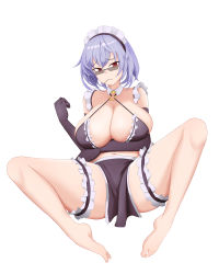 Rule 34 | 1girl, absurdres, alternate costume, barefoot, bikini, breasts, cleavage, closed mouth, collarbone, elbow gloves, enmaided, full body, girls&#039; frontline, glasses, gloves, highres, huge breasts, light purple hair, lips, looking at viewer, maid, maid bikini, mouth hold, nonoan jp, purple bikini, purple gloves, red eyes, short hair, sitting, solo, spread legs, swimsuit, thighs, thompson (girls&#039; frontline), unconventional maid, white background
