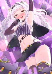 Rule 34 | 1girl, :d, arm up, armpits, blunt bangs, blush, capelet, confetti, crop top, elbow gloves, gloves, glowstick, gmkj, grey hair, highres, hololive, long hair, microphone, midriff, miniskirt, murasaki shion, murasaki shion (1st costume), navel, open mouth, panties, pantyshot, purple panties, shiokko (murasaki shion), skirt, smile, solo, spotlight, sweat, twintails, underwear, virtual youtuber, yellow eyes