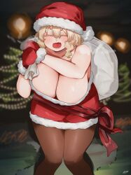 Rule 34 | 1girl, artist name, black pantyhose, blonde hair, breasts, christmas, christmas tree, cleavage, closed eyes, commentary, dress, facing viewer, fang, florida-chan (ryusei hashida), fur-trimmed dress, fur-trimmed mittens, fur trim, hat, highres, holding, holding sack, huge breasts, leaning forward, mittens, night, open mouth, original, outdoors, over shoulder, pantyhose, red dress, red hat, red mittens, red sash, ryusei hashida, sack, santa dress, santa hat, sash, short dress, signature, smile, solo, standing, strapless, strapless dress, symbol-only commentary