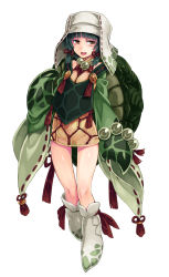 Rule 34 | 1girl, :d, animal hands, beads, full body, green hair, habit, hair ribbon, kenkou cross, looking at viewer, monster girl, monster girl encyclopedia, official art, open mouth, ribbon, ribbon-trimmed sleeves, ribbon trim, see-through, shibari, simple background, smile, solo, turtle shell, umi osho (monster girl encyclopedia), white background, yellow eyes
