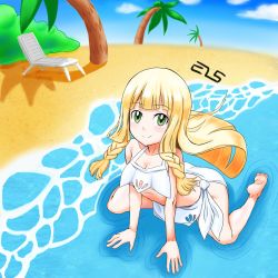 Rule 34 | 1girl, absurdres, artist name, bare shoulders, barefoot, beach, blonde hair, blue sky, blunt bangs, blush, braid, breasts, bush, chair, closed mouth, cloud, collarbone, creatures (company), day, female focus, full body, game freak, green eyes, happy, highres, kneeling, leaning forward, lillie (pokemon), long hair, looking at viewer, medium breasts, nintendo, ocean, outdoors, palm tree, pokemon, pokemon (anime), pokemon sm (anime), sand, sarong, shougun (chuckni1), signature, sky, smile, solo, spread legs, tree, twin braids, underboob, water, white sarong