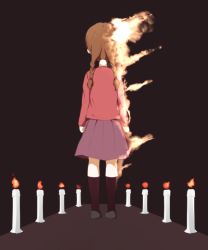 Rule 34 | 1girl, braid, candle, dissolving, fire, fire, from behind, madotsuki, skirt, solo, twin braids, xjr1250, yume nikki