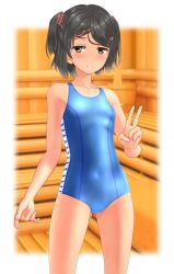 Rule 34 | 1girl, absurdres, arena (company), black eyes, black hair, blue one-piece swimsuit, blurry, braid, competition swimsuit, cowboy shot, depth of field, flat chest, highres, kantai collection, logo, looking at viewer, one-piece swimsuit, parted lips, sauna, scirocco (kancolle), short hair, solo, standing, swimsuit, takafumi, tan, two side up, v