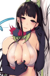 Rule 34 | 1girl, :d, ane naru mono, areola slip, bare shoulders, black gloves, black hair, breasts, chiyo (ane naru mono), elbow gloves, gloves, heart, heart-shaped pupils, highres, horns, large breasts, long hair, looking at viewer, mole, mole under eye, nipples, open mouth, pochi (pochi-goya), red eyes, see-through, smile, solo, symbol-shaped pupils, tentacles, veins, veiny breasts