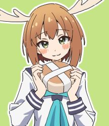 1girl :3 antlers aqua_neckerchief black_sailor_collar blush blush_stickers bob_cut brown_hair closed_mouth deer_antlers deer_cracker deer_girl food green_background green_eyes hands_up head_tilt holding holding_food horns inverted_bob light_smile long_sleeves looking_at_viewer neckerchief noyama_takenoko outline portrait raised_eyebrows sailor_collar school_uniform serafuku shikanoko_noko shikanoko_nokonoko_koshitantan simple_background smile solo upper_body w_arms white_outline