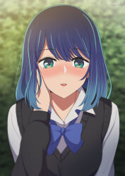 Rule 34 | 1girl, absurdres, aqua eyes, black sweater vest, blue bow, blue bowtie, blue hair, blurry, blurry background, blush, bow, bowtie, bush, collared shirt, commentary, gradient hair, green eyes, highres, hoshino aquamarine, imminent kiss, incoming kiss, kurokawa akane, long sleeves, looking at viewer, looking up, medium hair, multicolored hair, nose blush, oshi no ko, outdoors, parted lips, pov, pov hands, ryochan96154, shirt, solo focus, straight-on, sweater vest, upper body, white shirt, wing collar