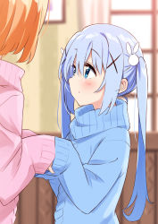 Rule 34 | 2girls, :o, absurdres, aran sweater, blue eyes, blue hair, blue sweater, blurry, blurry background, blush, cable knit, commentary request, depth of field, gochuumon wa usagi desu ka?, hair between eyes, hair ornament, highres, hoto cocoa, kafuu chino, long hair, long sleeves, looking at another, looking away, mousou (mousou temporary), multiple girls, parted lips, pink sweater, rabbit hair ornament, short hair, sleeves past wrists, solo focus, sweater, turtleneck, turtleneck sweater, twintails, upper body, very long hair, x hair ornament