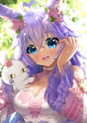 Rule 34 | 1girl, :3, :d, absurdres, adjusting hair, ahoge, animal ear fluff, animal ears, bare shoulders, blue eyes, blush, breasts, choker, cleavage, closed mouth, commentary, commission, crossed bangs, english commentary, floral print, flower, frilled sleeves, frills, hair between eyes, hair flower, hair ornament, halterneck, hand up, heart, heart ahoge, heart hair, highres, kimgaby, large breasts, long hair, looking at viewer, open mouth, original, purple hair, purple sleeves, rabbit, rabbit ears, rabbit girl, shaded face, slit pupils, smile, solo, sparkle, teeth, upper body, upper teeth only, virtual youtuber, wide sleeves, yellow eyes