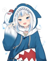 Rule 34 | 1girl, :d, a (phrase), amashiro natsuki, animal hood, bad id, bad twitter id, blue hair, blue hoodie, blue nails, commentary, drawstring, gawr gura, gawr gura (1st costume), hand up, highres, hololive, hololive english, hood, hood up, hoodie, long sleeves, looking at viewer, multicolored hair, nail polish, official art, open mouth, pinching sleeves, shark hood, sharp teeth, simple background, sleeves past wrists, smile, solo, streaked hair, teeth, upper body, virtual youtuber, w, white background, white hair