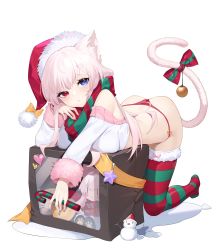 Rule 34 | 1girl, absurdres, animal ear fluff, animal ears, ass, back, bare back, bare shoulders, bell, bent over, blue eyes, blue nails, blush, bow, box, breasts, candy, candy cane, cat ears, cat girl, cat tail, christmas, christmas ornaments, closed mouth, food, full body, fur-trimmed legwear, fur-trimmed sleeves, fur trim, gift, gift box, green bow, green scarf, green thighhighs, hat, hat bow, head rest, heterochromia, highres, indie virtual youtuber, kneeling, kojioo, long hair, looking at viewer, medium breasts, merry christmas, nail polish, no shoes, orange bow, orange ribbon, panties, pink hair, red bow, red eyes, red nails, red panties, red scarf, red thighhighs, ribbon, sack, santa costume, santa hat, scarf, simple background, snowman, solo, star (symbol), striped bow, striped clothes, striped thighhighs, tail, tail bell, tail bow, tail ornament, tail raised, thighhighs, thong, transparent background, two-tone bow, two-tone legwear, underwear, virtual youtuber
