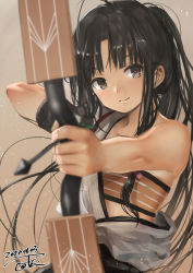 Rule 34 | 1girl, arrow (projectile), bandeau, black hair, blush, bow, bow (weapon), breasts, brown eyes, closed mouth, drawing bow, hadanugi dousa, holding, holding bow (weapon), holding weapon, japanese clothes, kantai collection, long hair, looking at viewer, low-tied long hair, open kimono, shouhou (kancolle), smile, solo, toka (marchlizard), weapon