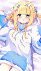 Rule 34 | 1girl, :p, baram, bed sheet, blonde hair, blue bow, blush, bow, closed mouth, commentary request, drawstring, green eyes, hair bow, hair ornament, hairband, hairclip, hands up, heart, heart hair ornament, highres, hood, hood down, hoodie, long hair, long sleeves, looking at viewer, mononobe alice, multicolored hair, nail polish, nijisanji, pinching sleeves, purple hair, red nails, sleeves past fingers, sleeves past wrists, smile, solo, tongue, tongue out, two-tone hair, v-shaped eyebrows, virtual youtuber, white bow, white hairband, white hoodie