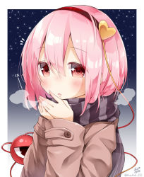 Rule 34 | 1girl, ^^^, alternate costume, anzu ame, blush, breath, coat, eyeball, hair between eyes, hairband, heart, komeiji satori, long sleeves, looking at viewer, pink hair, red eyes, scarf, short hair, signature, solo, striped clothes, striped scarf, third eye, touhou, triangle mouth, twitter username, upper body, winter clothes, winter coat