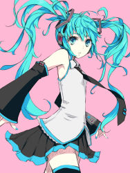 Rule 34 | 1girl, blue eyes, blue hair, curly hair, detached sleeves, hatsune miku, headphones, highres, matching hair/eyes, minato (shouno), necktie, parted lips, pink background, solo, thighhighs, twintails, vocaloid, zettai ryouiki