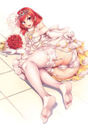 Rule 34 | 10s, 1girl, alternate costume, ass, bare shoulders, bouquet, breasts, bride, dress, elbow gloves, feet, flower, formal, garter straps, gloves, highres, huge ass, jewelry, looking at viewer, love live!, love live! school idol festival, love live! school idol project, lying, medium breasts, necklace, nishikino maki, no shoes, on floor, on side, open mouth, panties, red eyes, red hair, rose, short hair, smile, soles, solo, strapless, thighhighs, tiara, toes, underwear, wedding dress, white dress, white gloves, white panties, white thighhighs, wide hips, windart