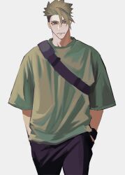 Rule 34 | 1boy, achilles (fate), black bag, black pants, brown eyes, closed mouth, cowboy shot, fate/grand order, fate (series), frown, green hair, green shirt, hair between eyes, hands in pockets, haruakira, highres, looking to the side, male focus, mature male, pants, shirt, undercut, white background, wristband