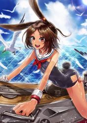 Rule 34 | 1girl, animal ears, azur lane, bare shoulders, bird, blue one-piece swimsuit, breasts, brown hair, clothing cutout, cloud, cloudy sky, day, detached collar, fake animal ears, feathers, from side, highres, hip vent, i-26 (azur lane), leotard, looking at viewer, mountainous horizon, neko61, ocean, one-piece swimsuit, one-piece tan, open mouth, outdoors, parted bangs, playboy bunny, rabbit ears, rabbit tail, red eyes, riding, sailor collar, seagull, ship, short hair, sky, sleeveless, small breasts, solo, sparkle, strapless, strapless one-piece swimsuit, stuffed animal, stuffed rabbit, stuffed toy, sun, swimsuit, tail, tail through clothes, tan, tanline, watercraft