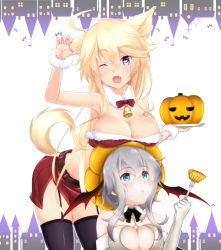 Rule 34 | 10s, 2girls, ;o, ahoge, animal ears, bandeau, bare shoulders, baretto, baretto (firearms 1), bat (animal), bell, belt, black legwear, black ribbon, blonde hair, blue eyes, blush, breast rest, breasts, breasts on head, building, claw pose, cleavage, closed mouth, detached collar, elbow gloves, eyebrows, fang, food, fork, frown, fur collar, fur trim, garter straps, gloves, halloween, halloween costume, head tilt, holding, holding fork, iowa (kancolle), jack-o&#039;-lantern, jingle bell, kantai collection, leaning forward, long hair, looking at viewer, looking up, medium breasts, multiple girls, neck ribbon, one eye closed, open mouth, red skirt, ribbon, short hair with long locks, silhouette, silver hair, skirt, standing, star-shaped pupils, star (symbol), symbol-shaped pupils, tail, thighhighs, tray, very long hair, white background, white gloves, window, wing collar, wo-class aircraft carrier, wrist cuffs