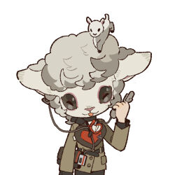 1girl animal_head bag barbara_(reverse:1999) black_eyes chibi digital_media_player earphones grey_jacket hair_ornament hand_up headphones holding holding_bag holding_earphones horizontal_pupils jacket official_art open_mouth reverse:1999 sheep_girl sheep_hair_ornament sheep_head solo upper_body white_background women&#039;s_wallet