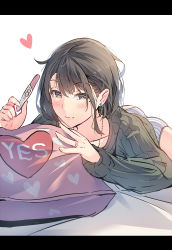 Rule 34 | 1girl, :3, blush, brown eyes, brown hair, daito, earrings, heart, highres, jewelry, letterboxed, looking at viewer, lying, messy hair, on bed, on stomach, original, pregnancy test, ring, solo, wedding band, yes-no pillow