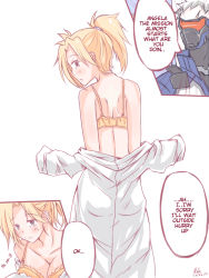 Rule 34 | 1boy, 1girl, bare shoulders, blonde hair, blue eyes, blush, bra, breasts, cleavage, collarbone, comic, covered mouth, dated, english text, jacket, lab coat, large breasts, lingerie, mask, mercy (overwatch), mouth mask, nakatokung, overwatch, overwatch 1, ponytail, scar, short hair, signature, simple background, soldier: 76 (overwatch), underwear, undressing, visor, white background, white hair, yellow bra