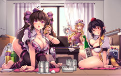 Rule 34 | 4girls, :d, :q, aged down, all fours, animal ears, arm support, babydoll, bare arms, barefoot, between legs, black hair, blonde hair, bottle, bottomless, bow, bra, brand name imitation, breasts, brown hair, can, cellphone, checkered bra, checkered clothes, collarbone, collared shirt, curtains, day, artistic error, frilled bra, frills, full body, hair between eyes, hair bow, hat, hat ribbon, highres, himekaidou hatate, holding, holding phone, indoors, inubashiri momiji, kneeling, large breasts, leaning forward, licking lips, long hair, looking at viewer, medium breasts, mob cap, multiple girls, navel, open clothes, open mouth, open shirt, panties, unworn panties, phone, pointy ears, puffy sleeves, purple eyes, red eyes, ribbon, see-through, shameimaru aya, shirt, short hair, short sleeves, sidelocks, silver hair, sitting, smile, stomach, table, thighhighs, toes, tokin hat, tongue, tongue out, touhou, twintails, unbuttoned, unbuttoned shirt, underwear, very long hair, windart, wing collar, wolf ears, yakumo yukari