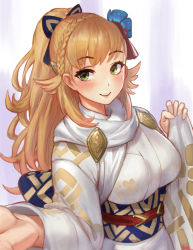Rule 34 | 1girl, 2018, alternate costume, artnohearts, blonde hair, blush, braid, breasts, fire emblem, fire emblem heroes, french braid, green eyes, hair ornament, hair ribbon, japanese clothes, kimono, large breasts, long hair, looking at viewer, new year, nintendo, open mouth, ribbon, sharena (fire emblem), simple background, smile, solo, white background