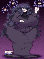 Rule 34 | 1girl, @ @, absurdres, artistic lamp, bottle, breasts, creatures (company), dress, drooling, fat, female focus, floating, floating object, full body, game freak, half-closed eyes, hex maniac (pokemon), highres, huge breasts, magi, milk, milk bottle, moomoo milk, nintendo, open mouth, pale skin, plump, pokemon, pokemon xy, purple background, purple dress, purple eyes, purple hair, solo, standing, thick thighs, thighs, wide hips