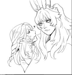 Rule 34 | 2girls, animal ears, au ra, braid, closed mouth, commentary request, dog 9uk, eye contact, final fantasy, final fantasy xiv, greyscale, heart, horns, korean commentary, long hair, looking at another, monochrome, multiple girls, ponytail, rabbit ears, scales, smile, upper body, viera, warrior of light (ff14), yuri