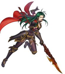 Rule 34 | 1girl, armor, bodysuit, boots, breasts, cape, cleavage, earrings, female focus, fire emblem, fire emblem: path of radiance, fire emblem heroes, full body, gloves, green hair, high heel boots, high heels, highres, holding, holding spear, holding weapon, jewelry, lipstick, long hair, makeup, nintendo, official art, open mouth, polearm, prague (fire emblem), purple eyes, solo, spear, teeth, transparent background, vambraces, weapon