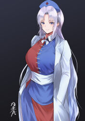 Rule 34 | 1girl, absurdres, aegyo sal, artist name, blush, bow, bowtie, breasts, coat, colored skin, grey hair, hands in pockets, hat, highres, huge breasts, lab coat, large breasts, long hair, looking at viewer, multicolored skin, nurse cap, signature, simple background, smile, solo, split-color clothes, touhou, two-tone shirt, two-tone skin, very long hair, white bow, white bowtie, white coat, yagokoro eirin, yagoro kusuriya