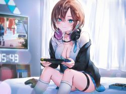 Rule 34 | 1girl, apex legends, bed, black sweater, blue eyes, blue hair, blue necktie, blue skirt, breasts, brown hair, cleavage, collarbone, curtains, highres, indoors, kneehighs, large breasts, long hair, multicolored hair, necktie, nekoyashiki pushio, nintendo, nintendo switch, open clothes, original, playing games, shirt, sitting, skirt, socks, solo, sweater, television, white socks