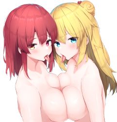 Rule 34 | 2girls, absurdres, akai haato, blonde hair, blue hair, blush, breast press, breasts, cleavage, commentary request, completely nude, hair ornament, heart, heart hair ornament, heterochromia, highres, hololive, houshou marine, large breasts, long tongue, multiple girls, nai (cnoadi8), nude, red eyes, red hair, saliva, symmetrical docking, tongue, tongue out, virtual youtuber, yellow eyes, yuri