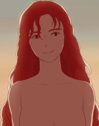 Rule 34 | 1girl, arms at sides, backlighting, breasts, closed mouth, collarbone, gradient background, grey background, jas (littlecrime), long hair, looking at viewer, medium breasts, nude, red eyes, red hair, sagging breasts, smile, solo, the mother (the red turtle), the red turtle, upper body, very long hair