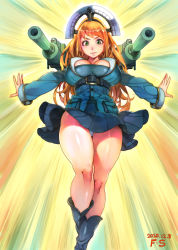 Rule 34 | 1girl, backlighting, bad id, bad pixiv id, black skirt, boots, breasts, cannon, character request, cleavage, commentary request, curvy, dated, f.s., feet out of frame, fingernails, furrowed brow, green eyes, headpiece, highres, large breasts, mecha musume, milihime taisen, military, military uniform, orange hair, outstretched arms, panties, pantyshot, pocket, skirt, solo, thick thighs, thighs, underwear, uniform