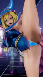 Rule 34 | 1girl, 3d, absurdres, artist request, ass, bare legs, bare shoulders, blonde hair, blush stickers, breasts, cameltoe, city, cleavage, dark magician girl, duel monster, flexible, hat, highleg, highleg panties, highres, leg up, long hair, looking at viewer, magical girl, night, night sky, open mouth, panties, salute, shiny skin, skirt, sky, smile, solo, standing, standing on one leg, thong, underwear, wizard hat, yu-gi-oh!, yu-gi-oh! duel monsters