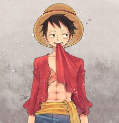 Rule 34 | 1boy, abs, aco peda, black eyes, black hair, blue shorts, clothes in mouth, facial scar, half-closed eyes, hat, long sleeves, looking to the side, male focus, monkey d. luffy, one piece, open clothes, open shirt, pectoral cleavage, pectorals, red shirt, sash, scar, scar on cheek, scar on chest, scar on face, shirt, short hair, shorts, simple background, solo, straight-on, straw hat, upper body, yellow sash