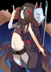Rule 34 | 1girl, albacrow ill, black hair, black surge night, blood, blood in hair, blue eyes, chaps, commentary request, flat chest, fox mask, highres, holding, holding sword, holding weapon, katana, mask, mask on head, midriff, navel, oyashio (black surge night), sleeveless, sword, weapon