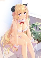 Rule 34 | 1girl, ahoge, arm support, bare shoulders, blonde hair, blush, bow, bow panties, breasts, cleavage, closed mouth, commentary request, curled horns, feet out of frame, hair ornament, hairclip, highres, hololive, horns, indoors, long hair, medium breasts, mizunashi (second run), navel, panties, plant, potted plant, purple eyes, sheep horns, side-tie panties, sitting, sitting on table, smile, solo, tsunomaki watame, twitter username, underwear, very long hair, virtual youtuber, white panties, wooden floor