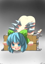 Rule 34 | 1girl, angry, bdsm, blue eyes, blue hair, blush, bondage, bound, bow, cirno, gaoo (frpjx283), hair bow, highres, looking at viewer, matching hair/eyes, nude, open mouth, pillory, restrained, short hair, solo, stationary restraints, tears, top-down bottom-up, touhou, wings