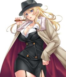 Rule 34 | 1girl, :d, aikawa arisa, black hat, blazer, blonde hair, breasts, business suit, buttons, cigar, cleavage, clenched hand, coat, collarbone, collared shirt, cowboy shot, double-breasted, eyes visible through hair, female focus, fingernails, formal, fur trim, garter straps, hair between eyes, hair over shoulder, hand on own hip, hand up, hat, head tilt, highres, hip focus, holding, jacket, large breasts, legs together, lilith-soft, lipstick, long coat, long fingernails, long hair, long sleeves, looking at viewer, makeup, miniskirt, official art, open clothes, open coat, open mouth, parted lips, pencil skirt, pink lips, shirt, side slit, simple background, skirt, skirt suit, smile, solo, standing, suit, taimanin (series), taimanin asagi kessen arena, thighs, victoria zakharov, wavy hair, white background, white shirt