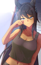 Rule 34 | 1girl, 417 (shiina), alternate costume, bare shoulders, black hair, black shorts, blue eyes, breasts, cleavage, closed mouth, commentary request, dark-skinned female, dark skin, earrings, green tank top, hair between eyes, hair ornament, hairclip, highres, jewelry, large breasts, long hair, looking at viewer, midriff, navel, shorts, single earring, solo, symboli kris s (umamusume), tank top, umamusume, very long hair, waking up