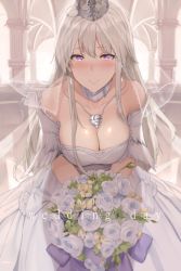 Rule 34 | 1girl, azur lane, bare shoulders, bent over, blush, bouquet, breasts, bridal veil, cleavage, closed mouth, collarbone, commentary, crying, crying with eyes open, detached collar, dress, enterprise (azur lane), facing viewer, flower, hair between eyes, hews, highres, indoors, jewelry, large breasts, leaning forward, long hair, looking at viewer, necklace, pillar, purple eyes, shiny skin, silver hair, smile, solo, strapless, strapless dress, tears, veil, wedding dress, white dress