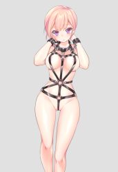 Rule 34 | 1girl, :o, bad id, bad pixiv id, bdsm, blush, bondage, bound, breasts, chain, cleavage, collar, cuffs, cuffs-to-collar, harness, highres, looking at viewer, medium breasts, navel, nipples, nude, open mouth, original, pink hair, purple eyes, raind, short hair, solo, tsurime