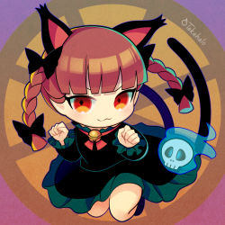 Rule 34 | 1girl, :3, animal ears, banned artist, bell, black bow, black dress, blue fire, blunt bangs, blunt tresses, bow, braid, cat ears, cat tail, chibi, closed mouth, diamond-shaped pupils, diamond (shape), dress, extra ears, eyebrows hidden by hair, fire, flaming skull, floating skull, full body, hair bow, hair ribbon, hands up, hitodama, jingle bell, kaenbyou rin, light blush, long hair, looking at viewer, multiple tails, neck bell, neck ribbon, nekomata, paw pose, pointy ears, purple background, red eyes, red hair, red ribbon, ribbon, simple background, solo, symbol-shaped pupils, tail, touhou, tress ribbon, twin braids, twintails, two tails, v-shaped eyebrows, yuge mugito