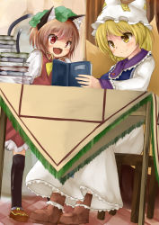 Rule 34 | 2girls, animal ears, blonde hair, blush, book, book stack, brown hair, cat ears, cat tail, chen, fang, fox tail, multiple girls, multiple tails, nekomata, open book, reading, smile, tail, touhou, two tails, yakumo ran, yellow eyes, youry