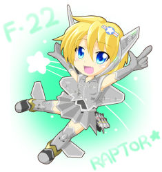 Rule 34 | 1girl, \o/, aircraft, airplane, arms up, blonde hair, blue eyes, chibi, f-22, fangs, female focus, full body, gradient background, jet, mecha musume, missile, original, outstretched arms, pointing, short hair, solo, star (symbol), white background, zephyr164