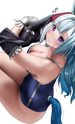 Rule 34 | 1girl, absurdres, animal ears, asymmetrical gloves, black gloves, blue hair, blue one-piece swimsuit, blush, breasts, cleavage, clothing cutout, commentary request, ear ornament, gloves, highres, horse ears, horse girl, horse tail, large breasts, light blue hair, long hair, looking at viewer, mejiro ardan (umamusume), mismatched gloves, notice lines, one-piece swimsuit, po musubi, purple eyes, school swimsuit, simple background, smile, solo, sweat, sweatdrop, swimsuit, swimsuit under clothes, tail, tail through clothes, umamusume, white background, white gloves