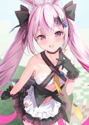 Rule 34 | 1girl, :d, ahoge, animal ears, bare shoulders, black gloves, black skirt, blush, breasts, commentary, fang, gloves, hair between eyes, hair ornament, hand up, highres, kanzarin, long hair, looking at viewer, multicolored hair, navel, open mouth, pink hair, pleated skirt, purple eyes, purple hair, rabbit ears, short eyebrows, skirt, small breasts, smile, solo, thick eyebrows, tomari mari, tomari mari channel, two-tone hair, very long hair, virtual youtuber, x hair ornament